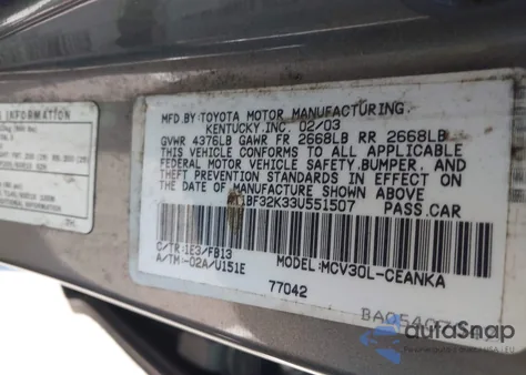 2003 Toyota Camry Le V6 from USA, damaged, VIN 4T1BF32K33U551507